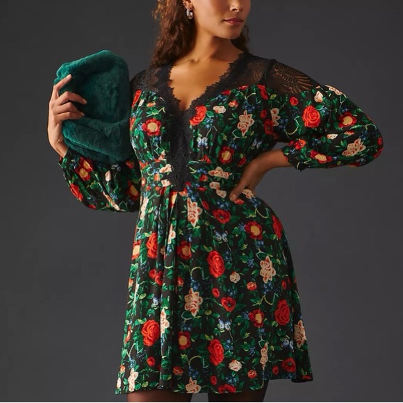 Anthropologie Lacy V-Neck Mini Dress Long Sleeve Liberty Floral Dress Size 14